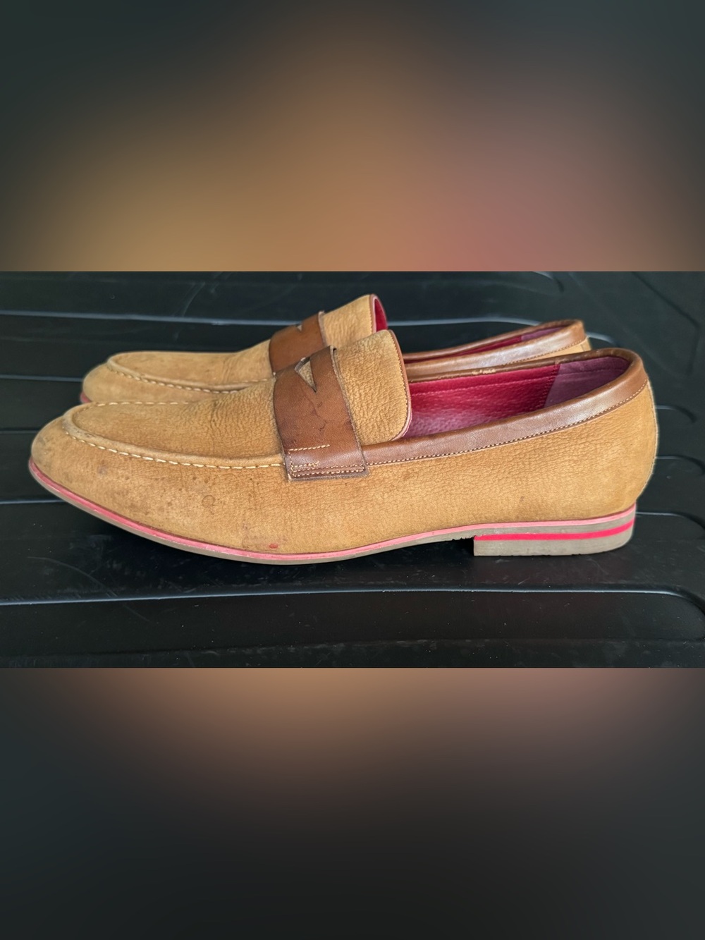 Perry Ellis Tan Suede Penny Loafers with Brown Strap